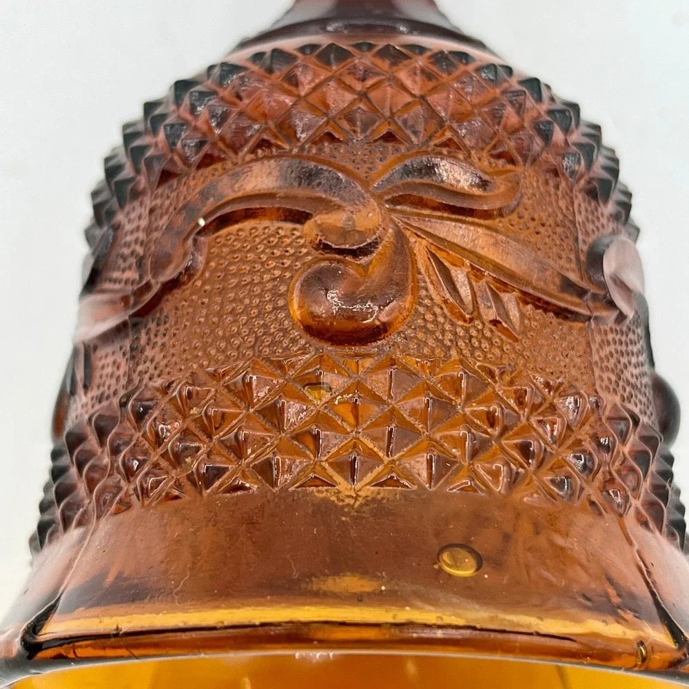 Vintage Amber Glass Hand Bell Diamond Point Scroll Pattern 6